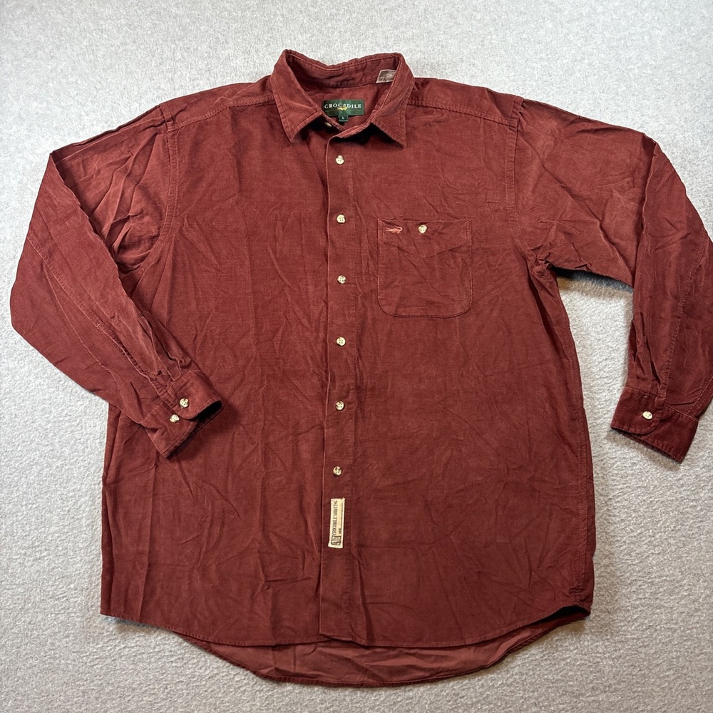 VTG Crocodile Men's Burgundy Curdoroy Long Sleeve Button Up Sz L 90s 100% Cotton